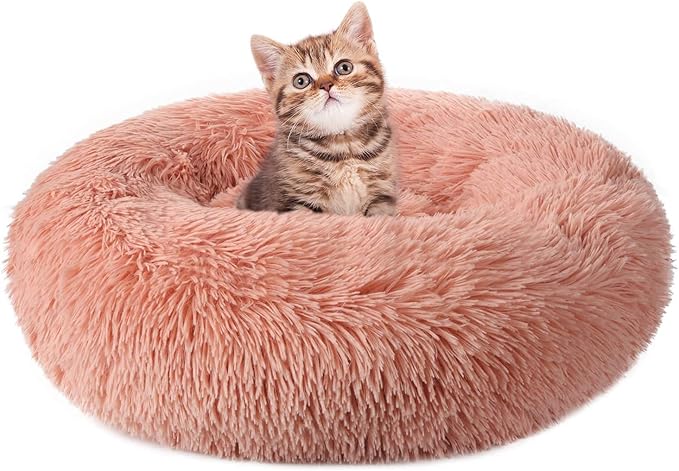 rabbitgoo Cat Beds for Indoor, 20 inches Machine Washable, Fluffy Round Pet Bed Non-Slip, Calming Soft Plush Donut Cuddler Cushion Self Warming for Small Dogs Kittens, Light Pink, Medium