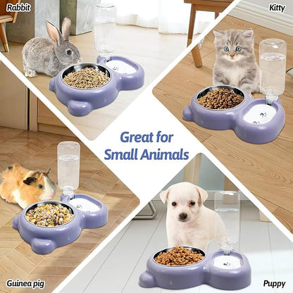 Tfwadmx Double Rabbit Bowls Cat Automatic Feeder with Gravity Water Bottle No Spill Detachable Dog Stainless Steel Bowl Set for Bunny Puppy Kitty Kitten Ferret Squirrel