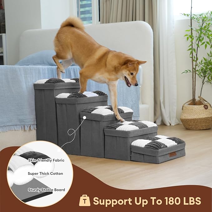 Dog Stairs with Storage, 5-Step Chessboard Plaid Handcrafted Dog Steps for Small Medium Dogs Cats, Folding Sturdy Pet Stairs Climbing Bed or Sofa, Grey