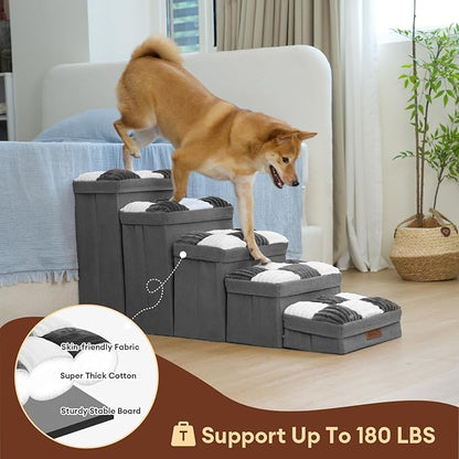Dog Stairs with Storage, 5-Step Chessboard Plaid Handcrafted Dog Steps for Small Medium Dogs Cats, Folding Sturdy Pet Stairs Climbing Bed or Sofa, Grey