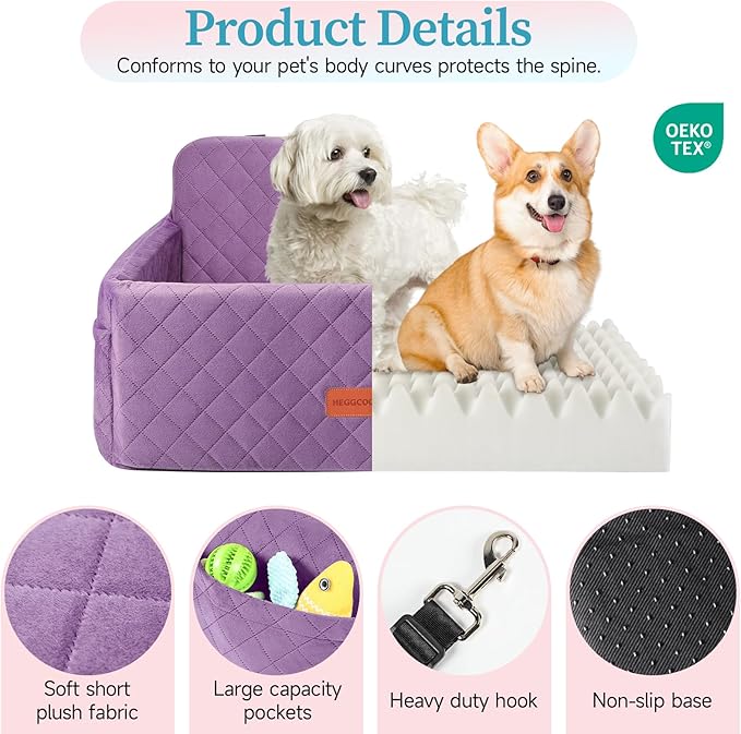 HEGGCOOE Dog Car Seat for Medium/Large Dogs, Pet Booster Seat for Under 55 lbs or 2 Small Dogs, Detachable & Washable Dog Car Bed for Backseat with 2 Safety Leashes (Purple)