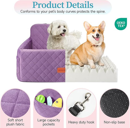 HEGGCOOE Dog Car Seat for Medium/Large Dogs, Pet Booster Seat for Under 55 lbs or 2 Small Dogs, Detachable & Washable Dog Car Bed for Backseat with 2 Safety Leashes (Purple)