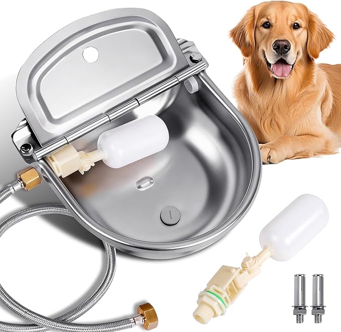 Metal Automatic Dog Water Bowl Dispenser, Outdoor Heavy Duty Stainless Steel Dog Waterer, Auto Self Filling Animal Water Feeder for Dogs Cats with Float and Drain Plug