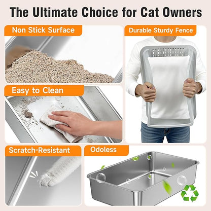 2PACK Stainless Steel Litter Box, Odor Free XL Metal Litter Box Extra Large with High Sides, Easy Cleaning Open Top Litter Pan Include Scoop Non-Sticky Kitty Cat Box Anti-Urine Leakage, Anti-Scratch