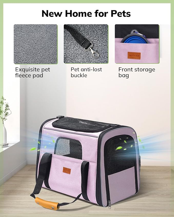 Morpilot Portable Cat Carrier - Soft Cat Carrier for Medium Cats and Puppy up to 15lbs,with Dual-Sided Cushion, Secure Buckle and Foldable Bowl, Dog Carriers for Small Dogs - Pet Carrier (Pink)
