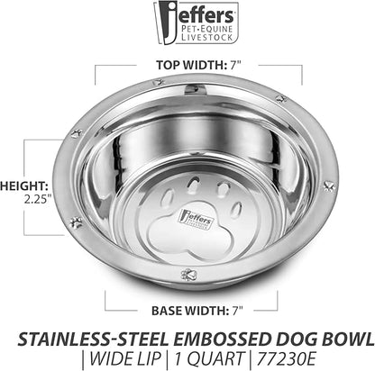 Jeffers Pet Stainless Steel Pet Food & Water Bowl – Embossed Paw Print, Wide Lip, Non Slip, Dishwasher Safe, Rust Resistant Metal Dog Cat Feeding Dish for Indoor Outdoor Crate Travel Use, 1 Quart