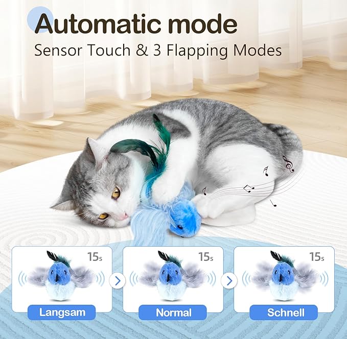 Migipaws Interactive Flapping Bird Cat Toys with Rod, clamp, Elastic String and Catnip, Automatic Chirping Toys for Indoor Cats to Chase, Hanging Feathers for Kitten to Self Play,Rechargeable(Blue)