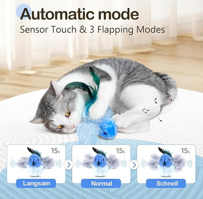 Migipaws Interactive Flapping Bird Cat Toys with Rod, clamp, Elastic String and Catnip, Automatic Chirping Toys for Indoor Cats to Chase, Hanging Feathers for Kitten to Self Play,Rechargeable(Blue)