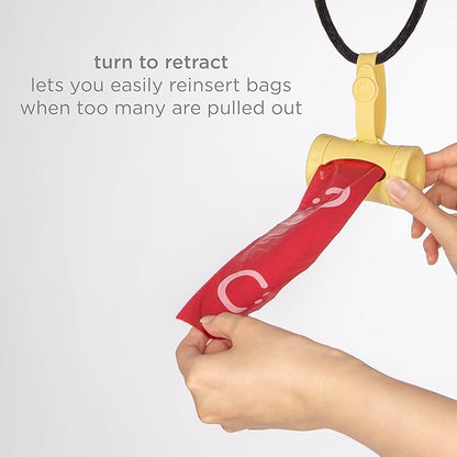 Ubbi Retractable Dog Poop Bag Holder and Dispenser with Silicone Strap Leash Attachment, Includes 2 Rolls of Lavender Scented Leakproof Waste Bags, Yellow