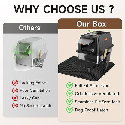 Extra Large Stainless Steel Litter Box with Lid, High Sided Enclosed Metal Cat Litter Pan, Dog Proof Front Entry Top Exit, Odor Control Easy Clean Leak Proof, Includes Mat, Scoop & Step, Black