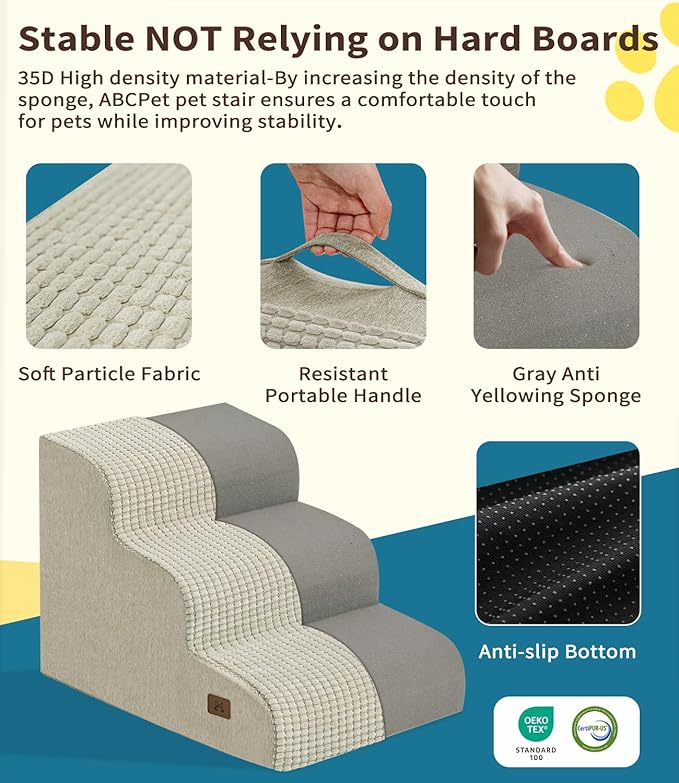 Dog Stairs for Small Dogs, 15.7" H Dog Steps for Bed 35D Strong Support Foam Stairs for High Bed or Couch Sofa Non-Slip Balanced Pet Steps Indoor, Beige