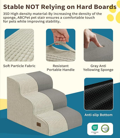 Dog Stairs for Small Dogs, 15.7" H Dog Steps for Bed 35D Strong Support Foam Stairs for High Bed or Couch Sofa Non-Slip Balanced Pet Steps Indoor, Beige