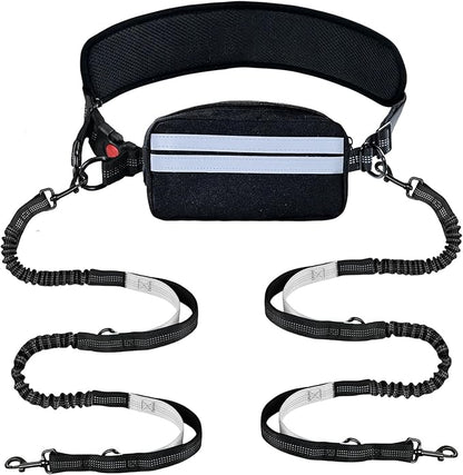 Hands Free Double Dog Leash No Tangle, Waist Leash for Dog Walking, Retractable Dog Leashes for Medium and Large Breeds-Pouch & Lumbar Support, Adjustable Waist Belt, Retractable Bungee,Padded Handles