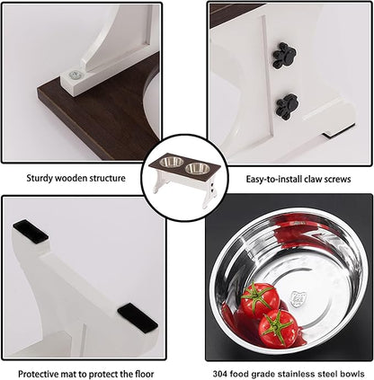 Piskyet Modern Farmhouse Dog Bowls Stand, Elevated Dog Bowls with 2 Stainless Steel Wooden Bowls, 80 oz Bowl-White