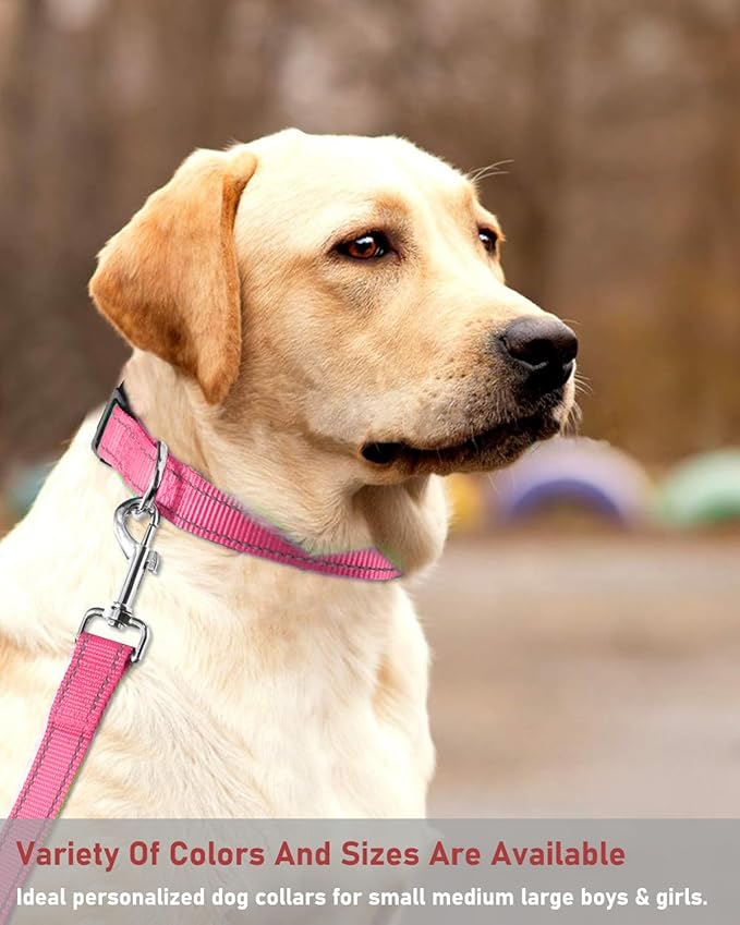 Reflective Dog Collar with Buckle Adjustable Safety Nylon Collars for Small Medium Large Dogs, Light Pink L