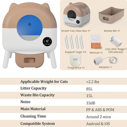 Bashaw Self Cleaning Litter Box, Large Capacity Automatic Litter Box for Multiple Cat, App-Controlled with Odor Removal & Safety Protection (White)