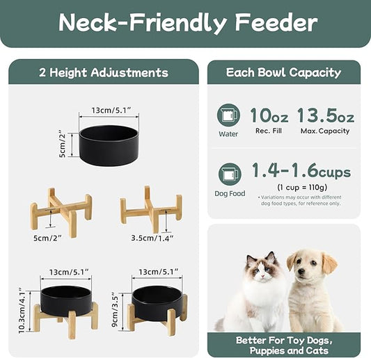 Ceramic Raised Dog and Cat Bowl Set, 2 Heights Elevated Stand, Food and Water Bowl for Small Breed Dogs, Cats, Kitty, Weighted Dog Dishes, Pet Bowls(5.1'',13.5oz, Black)