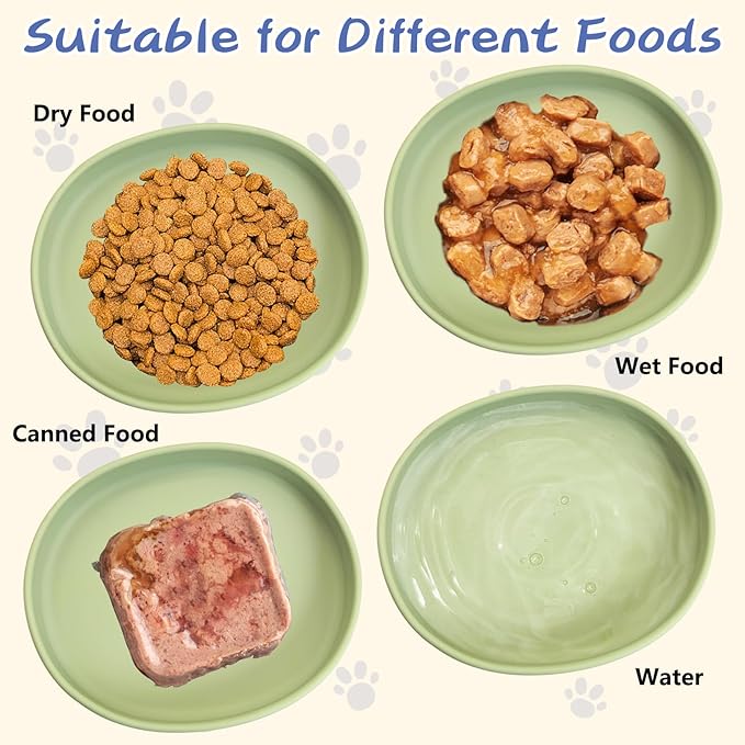 Fhiny 2 PCS Silicone Cat Food Bowls Shallow Dog Bowl 7" Non-Slip Pet Feeding Dishes for Dry and Wet Food Whisker Fatigue Cat Plates for Kitten Puppy and Small Pets(Green)