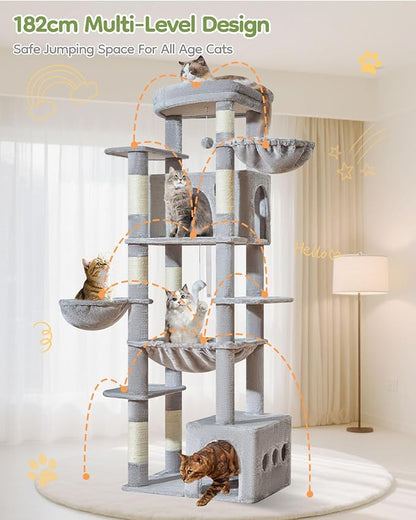 Taoqimiao 72 Inch Cat Tree, XXL Cat Tower for Indoor Cats Large Adult 25Lbs+, Extra-Large Platform, 2 Cat Houses, 7 Scratching Post, Extra-Sized Durable Hammock, Cozy Basket, Light Gray, F20W