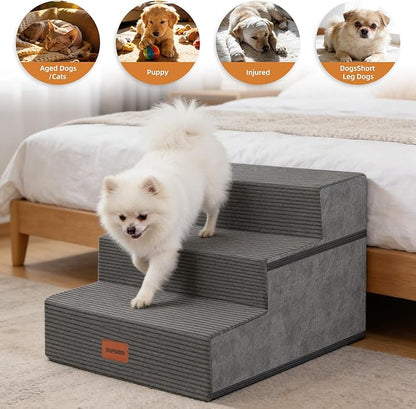 Dog Stairs for Small Dogs, 16.5" H, 3-Step Extra Wide Pet Steps for Bed Couch Sofa and Chair, Non-Slip Balanced Pet Ramp for Medium Cats,Indoor Dog Ladder, Grey