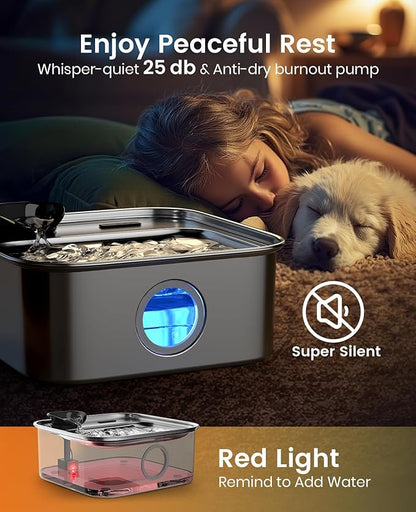 oneisall Dog Water Fountain, 2.6Gal/10L Stainless Steel Dog Water Bowl Dispenser with Deeper Drinking Aera & Washable Filter, Ultra-Quiet Pet Water Fountain for Small Medium Large Dogs(with 6 Fllters)