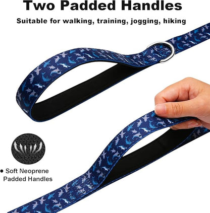 Double Handle Dog Leash 6 Foot with 2 Padded Handles, Heavy Duty Nylon Dog Leash with Traffic Control Handles,Walking Training Lead, Deep Blue Shark