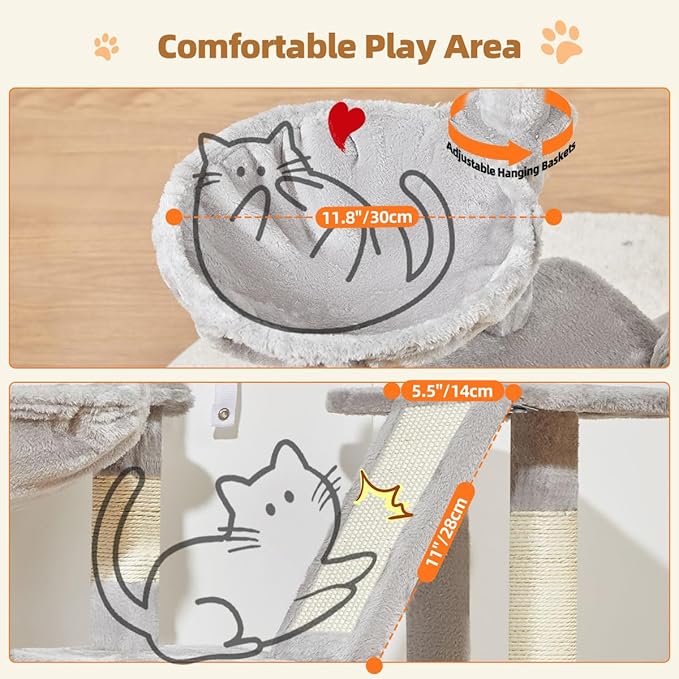 Taoqimiao Cat Tree,38.2-Inch Cat Tower for Indoor Cats,Suitable for Kittens with Luxurious cat condo with Adjustable Baskets and Luxurious Perch Light Gray MS029SW