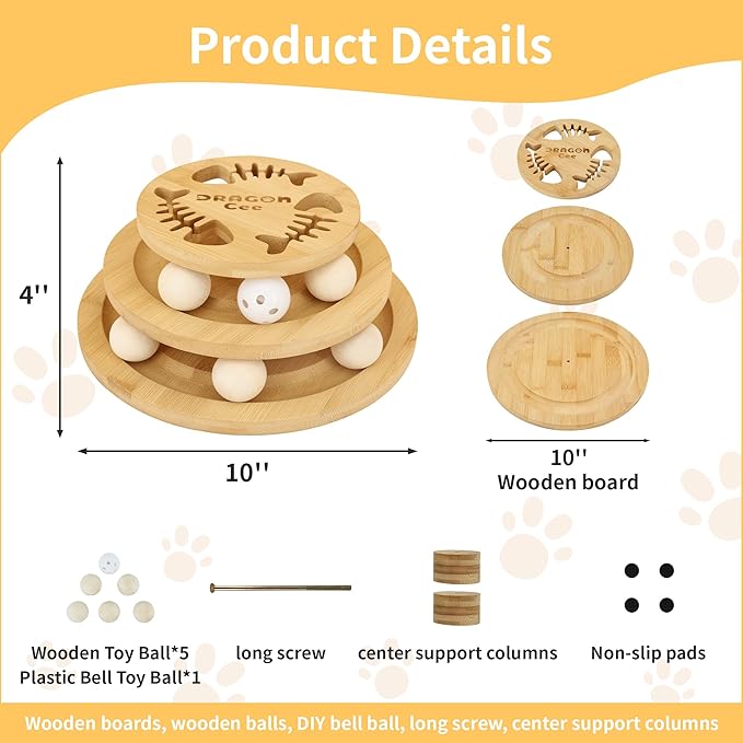 Cat Ball Track Toy with Puzzle Top, Interactive Cat Toys for Indoor Cats with Spinning Balls, Wooden Cat Ball Tower Toy for Kitten Kitty Exercise Mental Physical