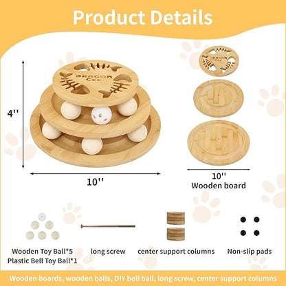 Cat Ball Track Toy with Puzzle Top, Interactive Cat Toys for Indoor Cats with Spinning Balls, Wooden Cat Ball Tower Toy for Kitten Kitty Exercise Mental Physical