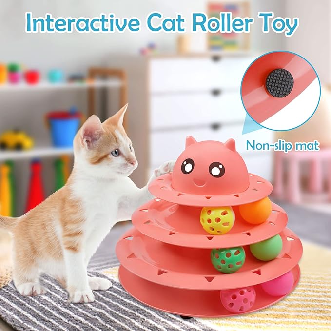 UPSKY 20 PCS Cat Toys - 3-Level Turntable Roller with Balls for Indoor Cats, Kitten Set with Teaser, Mice, Spring, and Various Ball Toys
