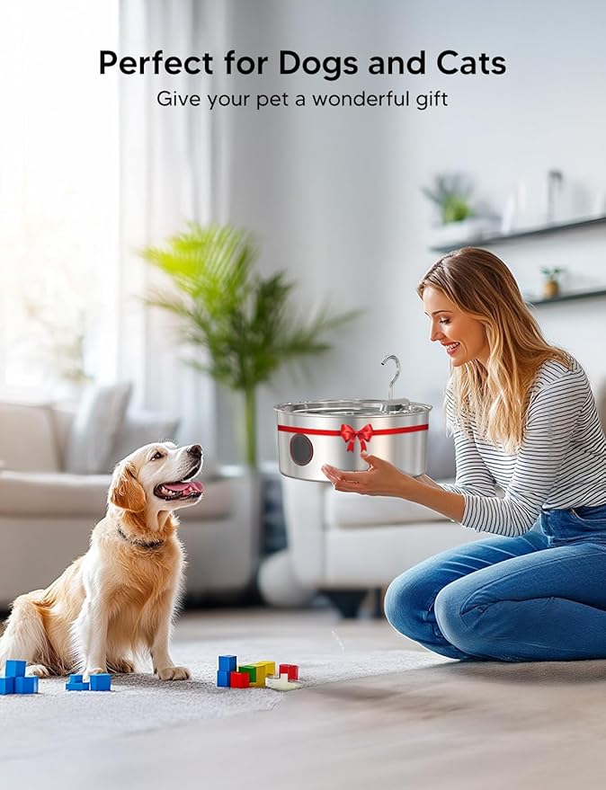 Dog Water Fountain for Large Dogs- 270oz/8L Stainless Steel Dog Water Bowl Dispenser Automatic Pet Water Fountain with Ultra-Quiet Pump/Quadruple Filtration for Dogs, Cats, Multiple Pets