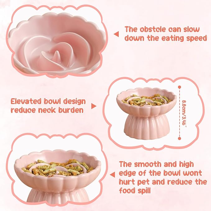 Ceramic Slow Feeder Cat Bowl 5.5inch with Lick Mat,Elevated Food Bowl for Cats and Small Dogs,Cute Flower Shape for Dry and Wet Food-Pink Bowl +Pink Lick Mat