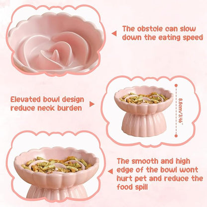 Ceramic Slow Feeder Cat Bowl 5.5inch with Lick Mat,Elevated Food Bowl for Cats and Small Dogs,Cute Flower Shape for Dry and Wet Food-Pink Bowl +Pink Lick Mat