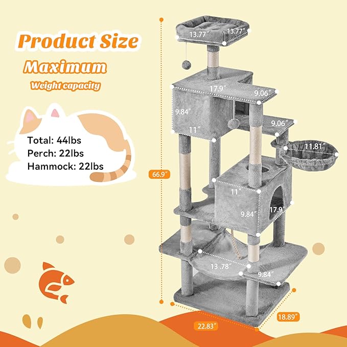 DUMOS Large 66 Inch Cat Tree Tower, Tall Multi Level Cat Climbing Tower with Natural Sisal Scratching Posts, Hammock, Pet Condo for Indoor Cats and Kittens Play, Grey