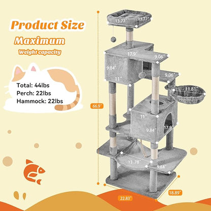 DUMOS Large 66 Inch Cat Tree Tower, Tall Multi Level Cat Climbing Tower with Natural Sisal Scratching Posts, Hammock, Pet Condo for Indoor Cats and Kittens Play, Grey