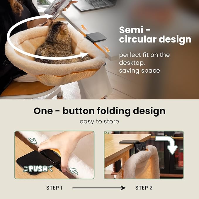 Cat Desk Bed - One-Click Folding,Sunken Design & Space-Saving Semi-Circular Cat Bed, Soft Faux Rabbit Fur Material, Suitable for Various Desktops-Maximum Hold Up to 40lb