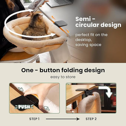 Cat Desk Bed - One-Click Folding,Sunken Design & Space-Saving Semi-Circular Cat Bed, Soft Faux Rabbit Fur Material, Suitable for Various Desktops-Maximum Hold Up to 40lb
