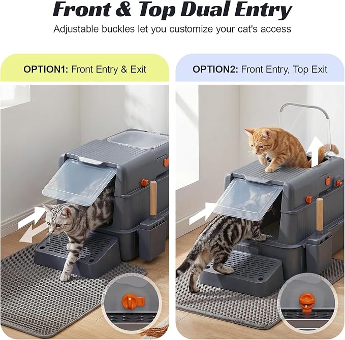 Stainless Steel Enclosed Cat Litter Box with Lid and Mat, Extra Large Kitty Litter Box with Drawer, Front & Top Entry Metal Cat Box for Big Cats, Odor Control, Easy to Clean, Grey