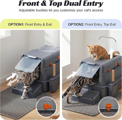 Stainless Steel Enclosed Cat Litter Box with Lid and Mat, Extra Large Kitty Litter Box with Drawer, Front & Top Entry Metal Cat Box for Big Cats, Odor Control, Easy to Clean, Grey