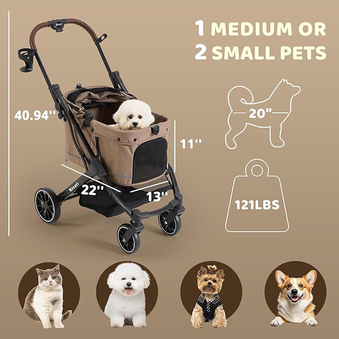 All-Terrain Dog Stroller for Small to Medium Dogs, Pet Stroller for Dogs & Cats Outdoor Walks, One-Hand Easy Fold, Double-Layer Anti-UV & Waterproof Canopy & Breathable Mesh, Mocha Brown