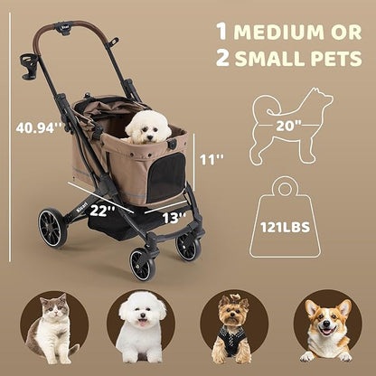 All-Terrain Dog Stroller for Small to Medium Dogs, Pet Stroller for Dogs & Cats Outdoor Walks, One-Hand Easy Fold, Double-Layer Anti-UV & Waterproof Canopy & Breathable Mesh, Mocha Brown