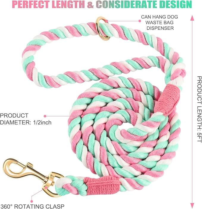Dog Leash 5 FT Handmade Braided Cotton Rope Leashes for Small Medium and Large Dogs, New Golden Heavy Duty Metal Clasp, Cherry Blossom Pink