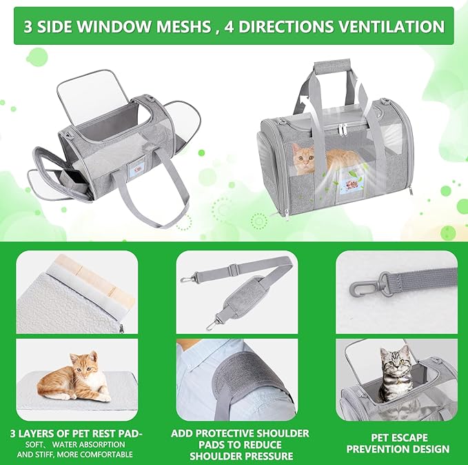 20 Inch Large Cat Carrier, Soft Sided Pet Carrier for Big Cats up to 25 lbs, Airline Approved Expandable Travel Carrier for 2 Cats, Puppy Carrier with Collapsible Food Bowl, Grey