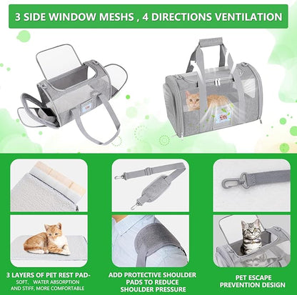 20 Inch Large Cat Carrier, Soft Sided Pet Carrier for Big Cats up to 25 lbs, Airline Approved Expandable Travel Carrier for 2 Cats, Puppy Carrier with Collapsible Food Bowl, Grey