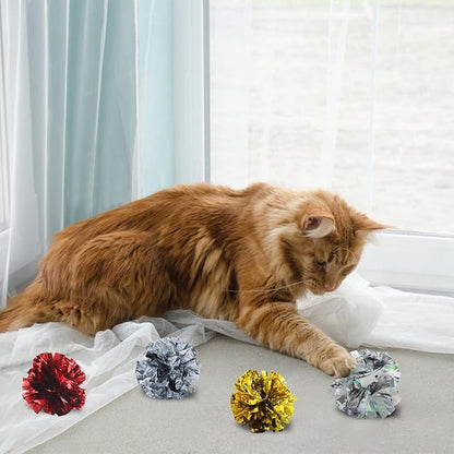 Andiker 3.54inch Mylar Cat Crinkle Balls, 4pcs Colorful and Sparkling Crinkle Ball Lightweight Easy to Carry Cat Ball Toy Interactive Cat Toys for Indoor Cats to Kill Time and Keep Fit (Single Color)