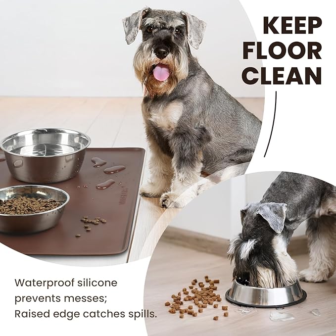 VIVAGLORY Dog Food Mat Flexmat Dog Bowl Mat, Placemat Food Tray with Raised Edges & Lip for Indoor Floor, Non Slip Waterproof Silicone Dish Placemat for Cat & Pet, L, Chocolate