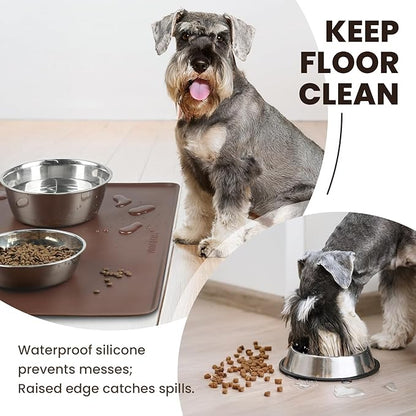 VIVAGLORY Dog Food Mat Flexmat Dog Bowl Mat, Placemat Food Tray with Raised Edges & Lip for Indoor Floor, Non Slip Waterproof Silicone Dish Placemat for Cat & Pet, S, Chocolate