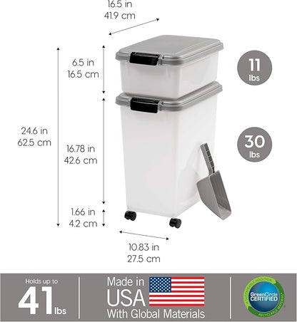 IRIS USA 30 lbs & 11 lbs Combo Airtight Dog Food Storage Container, Stackable Treat Box, 2-Cup Scoop, Wheels, Keep Fresh, Easy Mobility, Silver