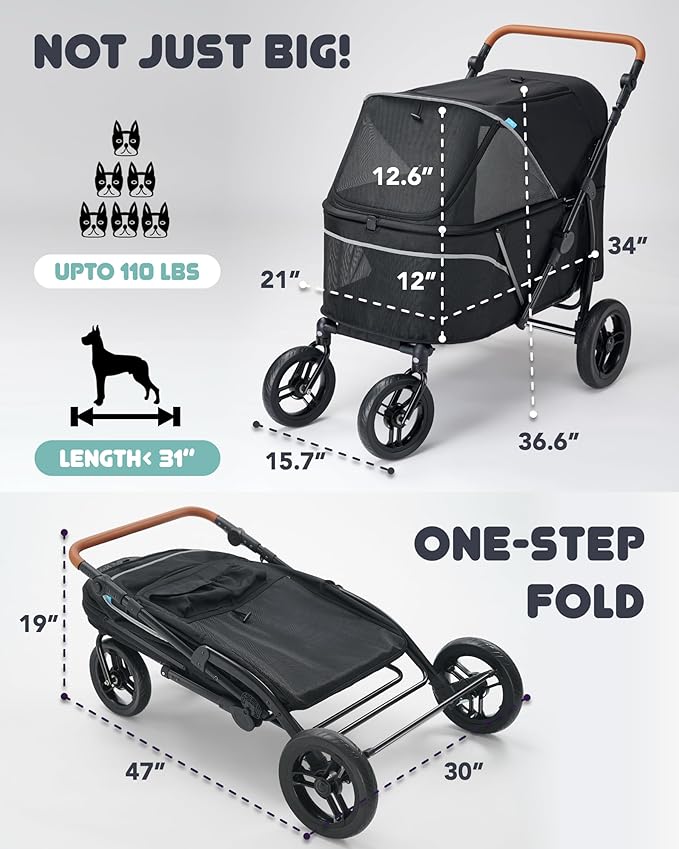 Pet Stroller for Large Dogs up to 110lbs, Large Pet Stroller for Multiple Pets, All-Terrain with Adjustable Handle & Mesh Dual-Window, 1680D Waterproof Oxford Fiber