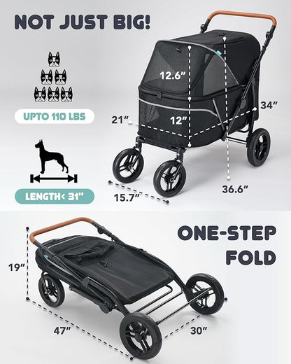 Pet Stroller for Large Dogs up to 110lbs, Large Pet Stroller for Multiple Pets, All-Terrain with Adjustable Handle & Mesh Dual-Window, 1680D Waterproof Oxford Fiber